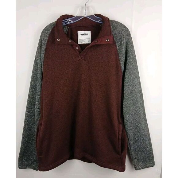 Sonoma  1/4 Snap Button Up Long Sleeve Pullover Sweater Mens XL Maroon/Gray - Picture 2 of 9